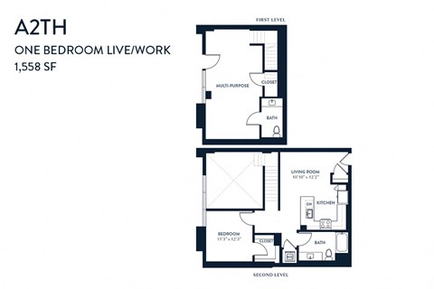 Floor plan for 1 bed, 1.5 baths, 1558 sqft